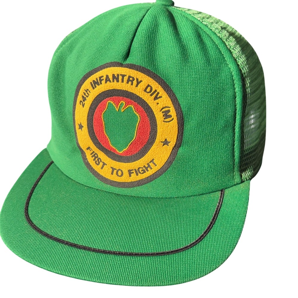 24th Infantry Division First To Fight Green USA Mesh Trucker Snapback Hat VTG